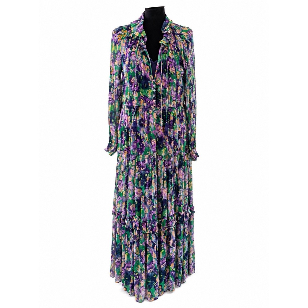 Anthropologie The Marais Chiffon Maxi Dress M Purple Green Watercolor Boho Chic